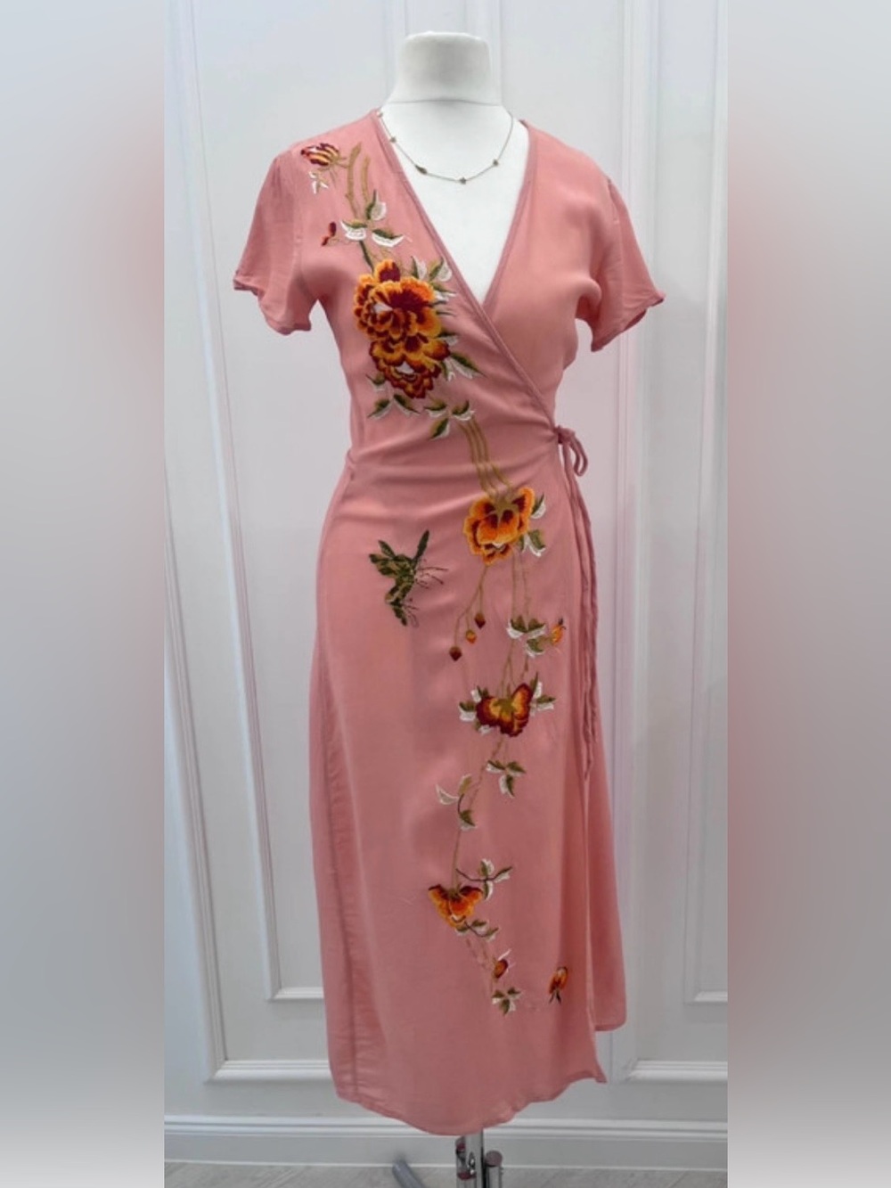 Miss Selfridge Dusty Pink Embroidered Wrap Midi Dress